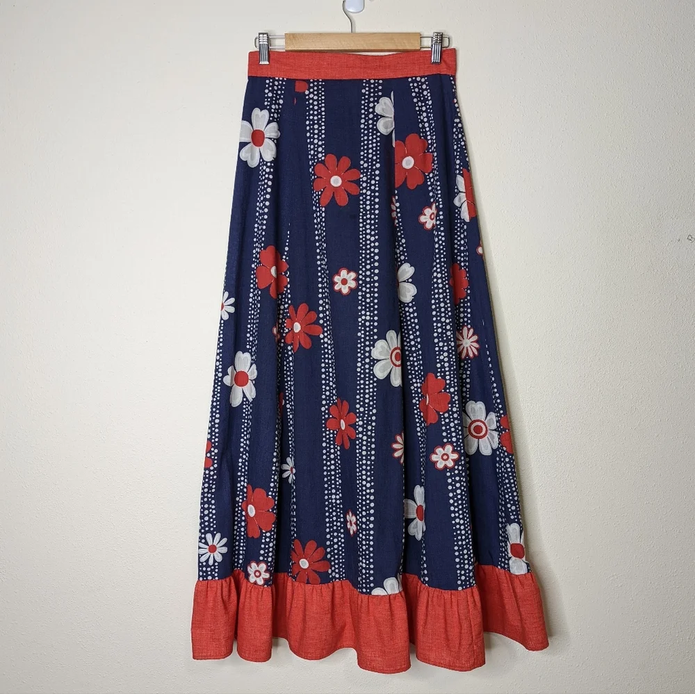 Vintage 70s Handmade Red White Blue Flower Power Maxi Skirt - Picture 2 of 10